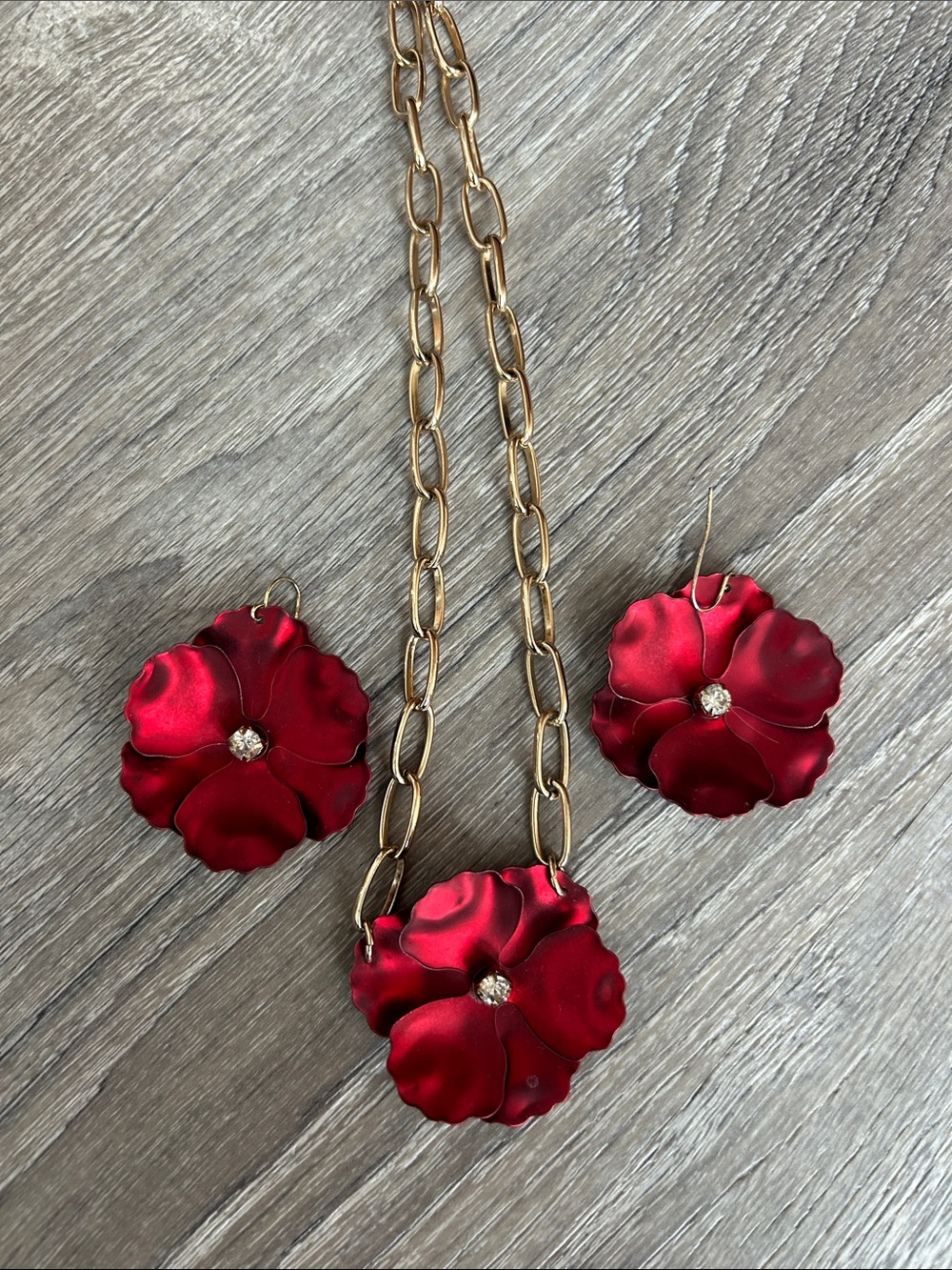 Gold Chain Necklace & Red Flower Earrings Set - Designer Floral Jewelry